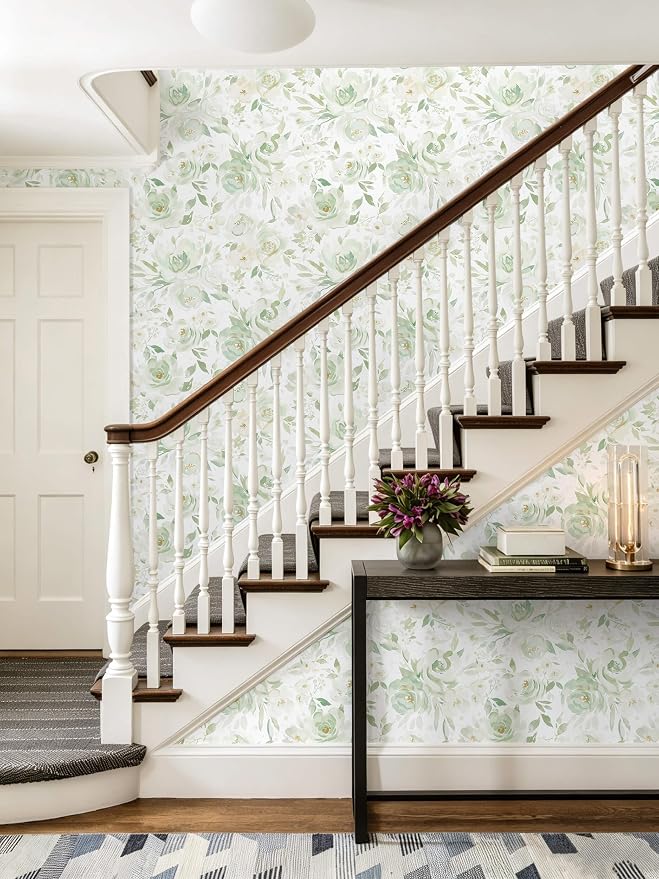Heroad Green Peel and Stick Wallpaper Floral Contact Paper 17.3''x393'' Large Flower Wallpaper Watercolor Rose Removable Self-Adhesive Wall Paper for Cabinets Bedroom Bathroom Stick on Walls - Image 4