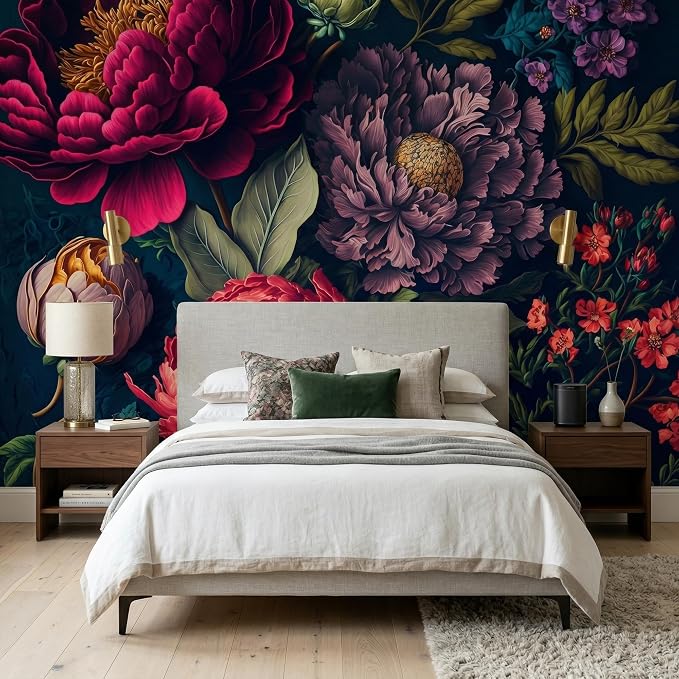 MFWFM Floral Peel and Stick Mural Wallpaper Dark Peony Botanical Wall Mural | 137"x96", for Bedroom Living Room Bathroom, Self Adhesive Canvas - Image 2