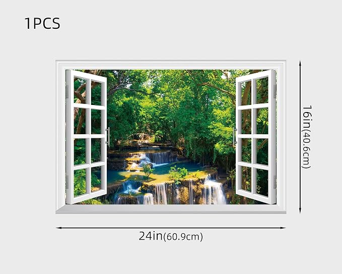 FLFK Fake Window Wall Decal - Jungle Waterfall Faux Window Wall Mural for Wall Decor, Peel and Stick Wall Sticker,24"x16" - Image 2