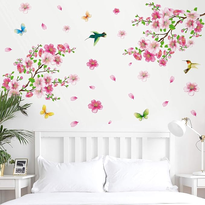 LiveGallery Pink Cherry Blossom Flower Birds Vinyl Art Wall Decal Brown 3D Peel and Stick DIY Tree Branch Wall Stickers Decor for Girls Teens Baby Bedroom Nursery Living Room Home Decoration - Image 2