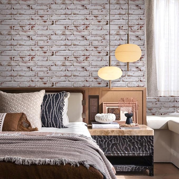 Commomy Faux Brick 3D Wall Panels,Thin UrltraLight PVC 12 pcs | 22.8" x 11.8" Peel and Stick Tile Whitewash & Red Brick Textured for Kitchen,Bedroom, Living Room（Covers 22.48 sq.ft） - Image 2