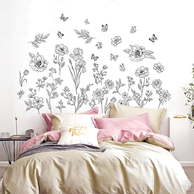 Large Boho Black Flower Wall Decals Wildflower Butterfly Simple Wall Stickers Removable Wall Art Decor for Living Room Bedroom Office - Image 4