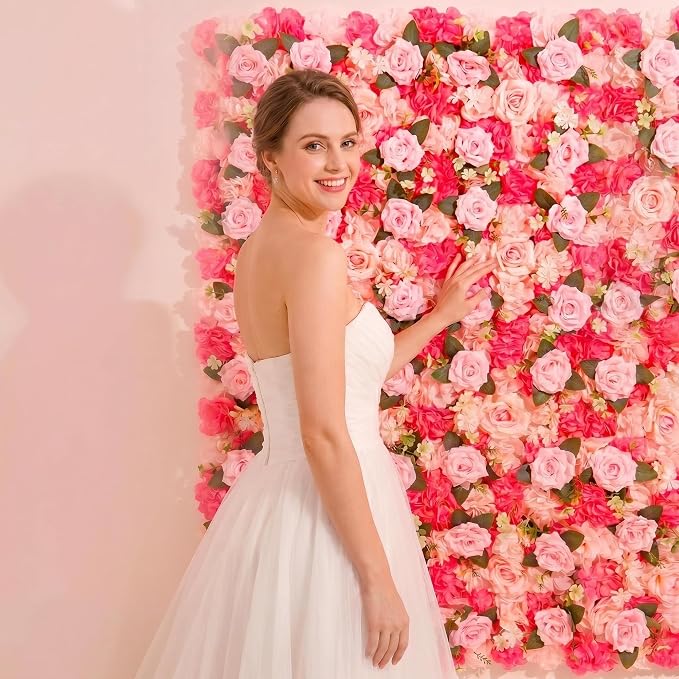 Flower Wall Backdrop 12 Panels 16.5x16.5 Inch Dark & Light Pink | 3D design, realistic look, Seamless Design,eco-friendly,easy to assemble,reusable,.Suitable for weddings,Party,home décor - Image 7