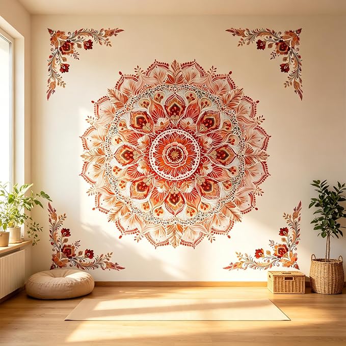 Watercolor Boho Floral Flower Mandala Peel and Stick Wall Decals Decor | Red orange mandala flowers wall stickers mural, classic removable vinyl decor for living room bedroom meditation space decor - Image 3