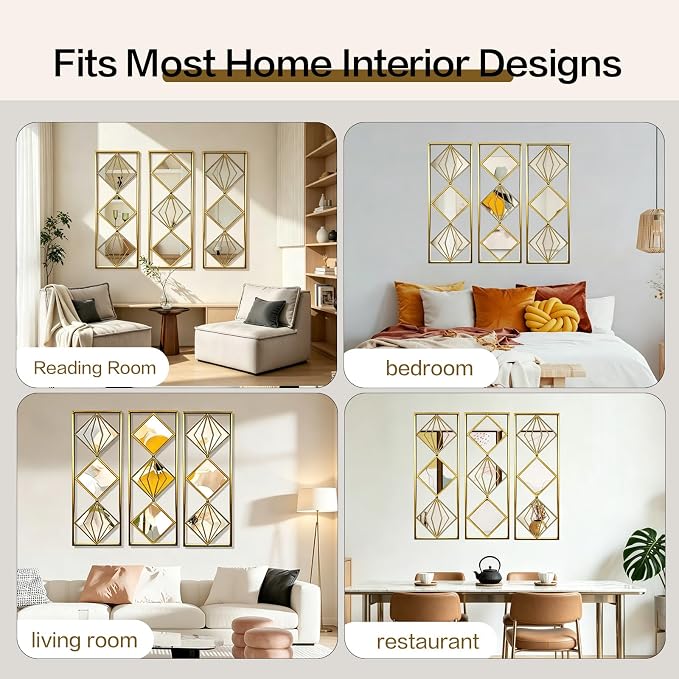 Set of 3 Large Gold wall Mirror Decor, Gold Rust Resistant Metal Frame Decorative Mirror, Rectangula Layout Wall Mount Mirror for Living Room Bedroom Entryway, Dual Use Decor Grooming - Image 6