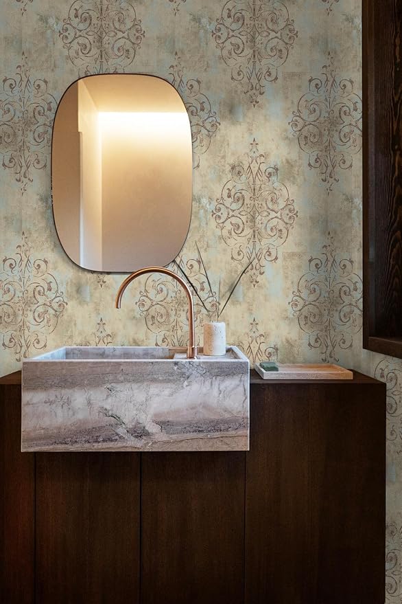 HAOKHOME Vintage Wallpaper Peel and Stick French Country Victorian Damask | Textured Removable Retro Wall Paper Waterproof Mist Blue Brown Traditional Farmhouse Elegant Bathroom Bedroom 17.3in x 9.8ft - Image 5