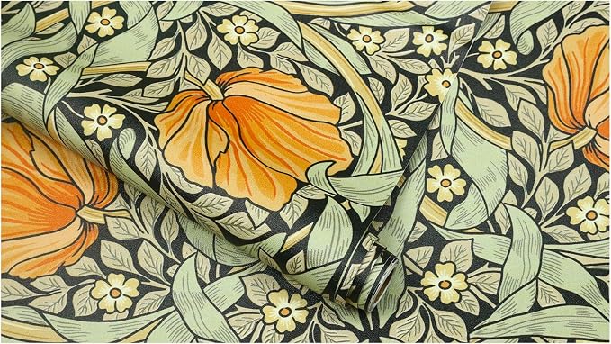HAOKHOME William Morris Style Peel and Stick Wallpaper Art Deco Wall Paper | Green Black Yellow Textured Renter Friendly Removable Wall Paper Vintage Floral Bathroom Bedroom Contact Paper 17.3in x 9.8ft - Image 8