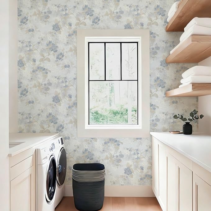 Ismoon Vintage Wallpaper Floral Peel and Stick Wallpaper 17.3in x32.8ft Blue Country Retro Flower Wall Paper Texture Removable Stick on Wall Paper for Bathroom Cabinets Countertops Self-Adhesive Vinyl - Image 5