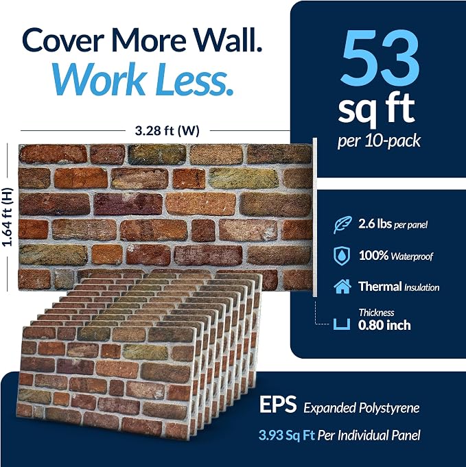 Dundee Deco 3D Wall Panels Faux Brick - Cladding, Brown Beige Stone Look Wall Paneling, Styrofoam Facing for Living Room, Kitchen, Bathroom, Balcony, Bedroom, Set of 10, Covers 53 sq ft - Image 4