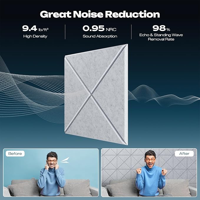 Sonicism 22 Pack X-Lined Acoustic Panels with Self-Adhesive, 12"X 12"X 0.4" Sound Proof Foam Panels, Decorative Soundproof Wall Panels, Sound Absorbing Tile for Home & Offices, Silver Gray - Image 3