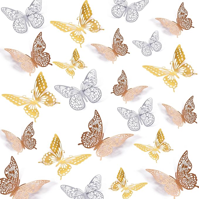SAOROPEB 3D Butterfly Wall Decor, 72 Pcs 3 Styles 3 Sizes, Removable Metallic Wall Decor Sticker Room Mural Decals for Kids Bedroom Nursery Classroom Party Decoration Wedding Decor DIY Gift (3 Color) | 3 Styles 3 Sizes, Removable Wall Decor Sticker Roo... by SAOROPEB