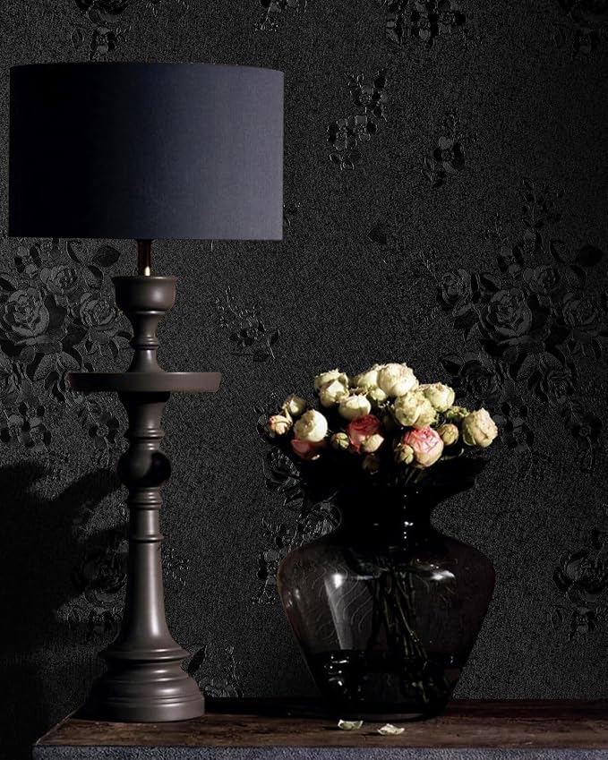 Black Peel and Stick Wallpaper Floral Black Wallpaper 18in x 197in | Embossed Flower Contact Paper Textured Self Adhesive Paper for Cabinets Bathroom Dark Floral Removable Waterproof Decor Vinyl - Image 6