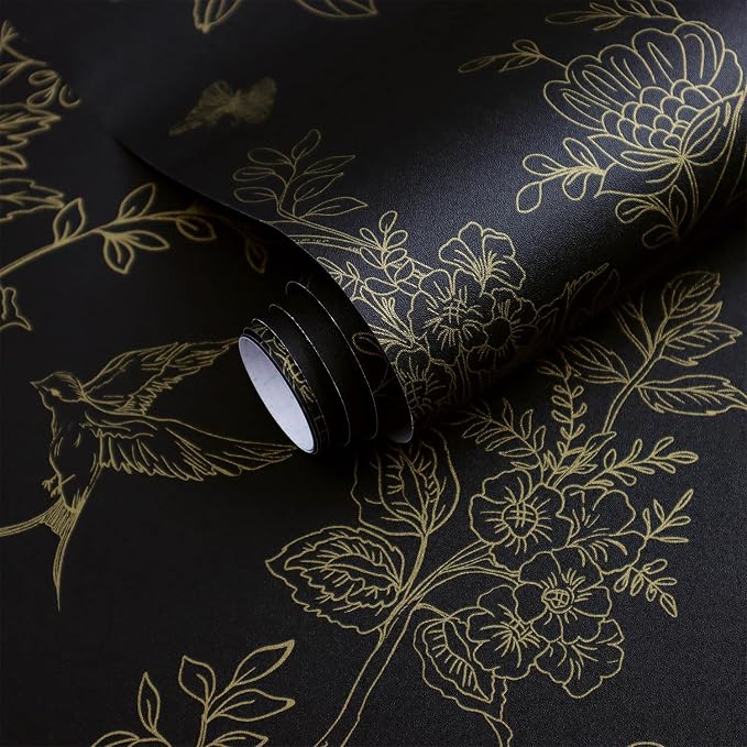 Froluya Black Gold Floral Wallpaper Peel and Stick Wallpaper 17.7in×393.7in | Dark Floral Contact Paper Peel and Stick Vintage Boho Birds Removable Self Adhesive Wallpaper for Bathroom Cabinets Vinyl - Image 6