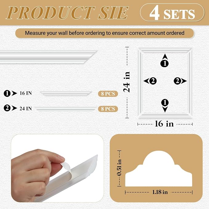 4 Set Peel and Stick Wall Molding Trim Kit, Premade Wainscoting Panels, White Pre Cut Wall Panels for Interior Wall Decor, DIY Home Decoration Picture Frame (16 x 24 Inch) - Image 2