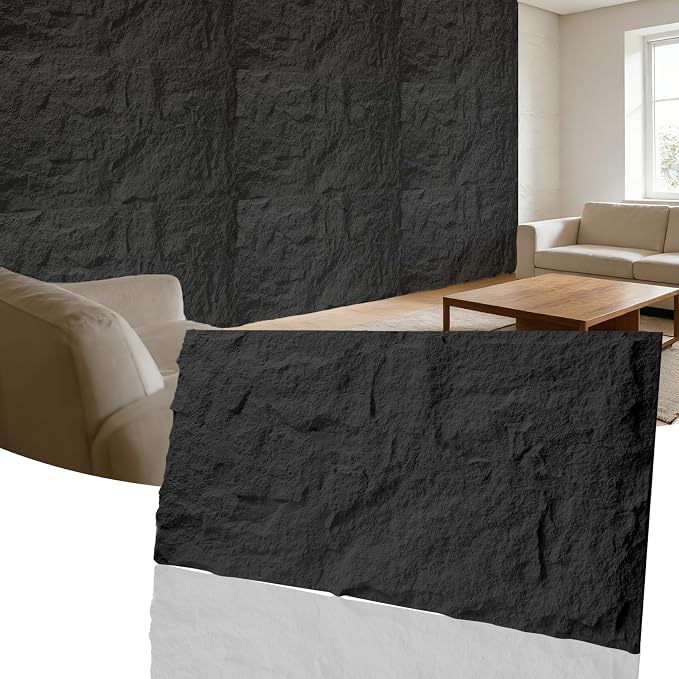 3D Faux Stone Wall Panels, 1.18" (30MM) Extra Thick PU Stone Panels for Interior Wall Decor, 4 Pack Waterproof Lightweight Cement Texture Accent Panels for Living Room, Office, 47.2" x 23.6", Black by Unknown