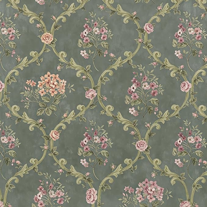 Dark Green Peel and Stick Wallpaper Floral Wallpaper 16.9in×118in | Self Adhesive Vintage Floral Wallpaper Removable Boho Contact Paper Green Wallpaper Waterproof for Bedroom Nursery Cabinets by Willowix