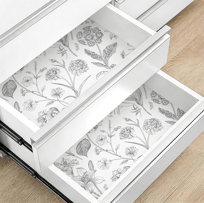 White Grey Vintage Floral Peel and Stick Wallpaper 17in x 197in | Floral Wallpaper Boho Removable Contact Paper Botanical Self Adhesive Decor Flower Wall Paper for Cabinets Bathroom - Image 7