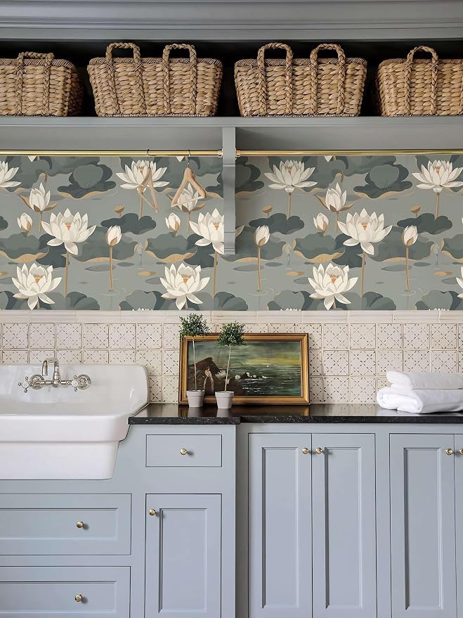 Lotus Flower Peel and Stick Wallpaper, Elegant Asian Botanical Water Lily Design (Gray-Green) Classic Plants for Home Decor | 17.7" x 236", Self-Adhesive, Waterproof Vinyl - Image 6