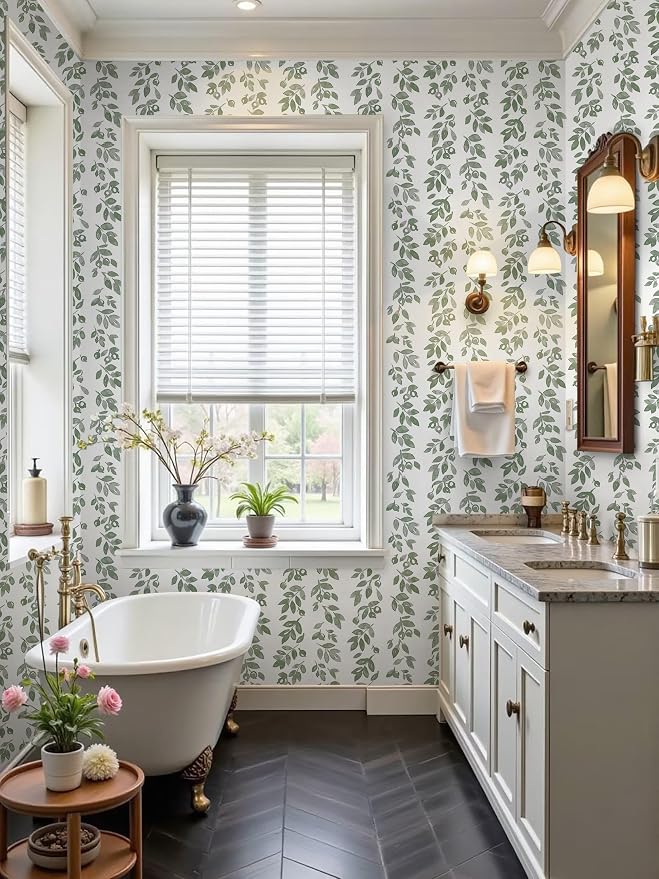 Ismoon Green Wallpaper Peel and Stick Vintage Wallpaper 17.3in x 28.21ft Green Leaf Contact Paper Vintage Cottage Wall Paper for Bedroom Bathroom Kitchen Nursery Removable Vinyl - Image 4