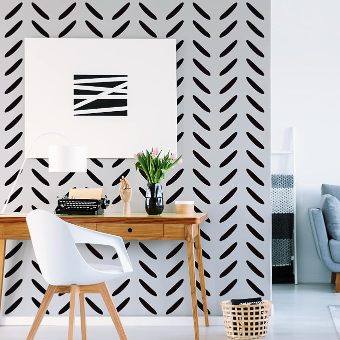 Herringbone Black Stripe Wall Decals with a Reference Template | Modern boho accent wall with 120 spaced herringbone line stripes. Matte vinyl peel & stick for home, office, dorm, hallway. by SHYJSHYJINSPIRED-PEELSTICK