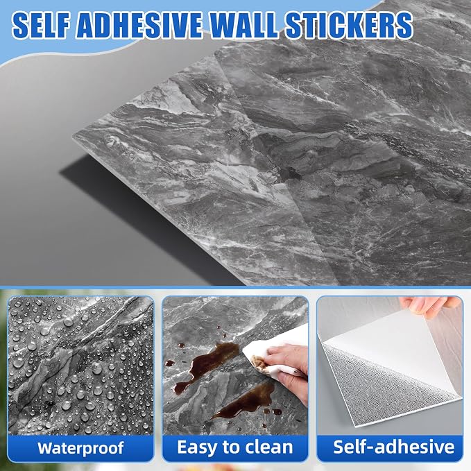 Nuanchu 36 Pcs Peel and Stick Shower Waterproof Tiles Wall Panels 12 x 12 Inch Self Adhesive Backsplash with Ruler Knife & 2 Scrapers for Washroom Bathroom Living Room, Not Real Tile (Dark Gray) - Image 3