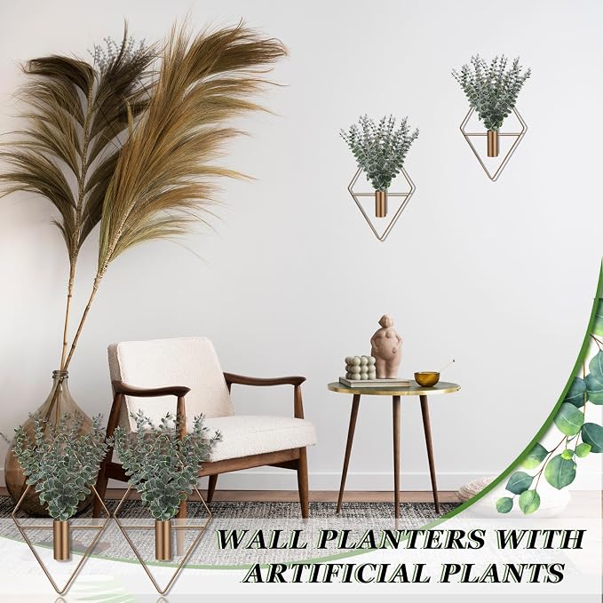 Jexine 4 Pcs Hanging Artificial Planters Wall Decor, Antique, Eucalyptus | Bathroom Wall Decor, Geometric Metal Vase, Indoor Plants, Living Room, Home Office, Entryway, Boho Accent, Wall Mounted - Image 5