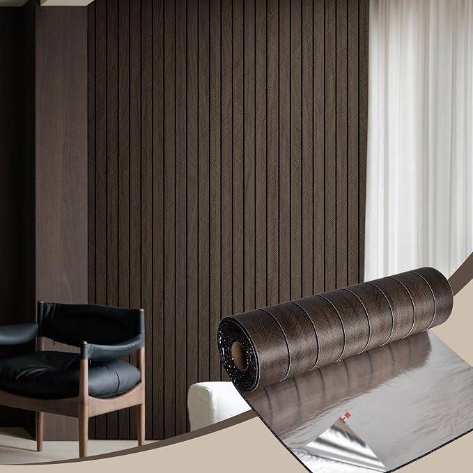 Rugreat 3D Wood Wall Panels Faux Wood Wallpaper Peel and Stick 15.7W 118L | Dark Brown Faux Walnut Wall Panels Soundproof Flexible Wood Slats Contact paper Self Adhesive Wallpaper for Accent Walls by ExploringWallpaperArtwithRugreat