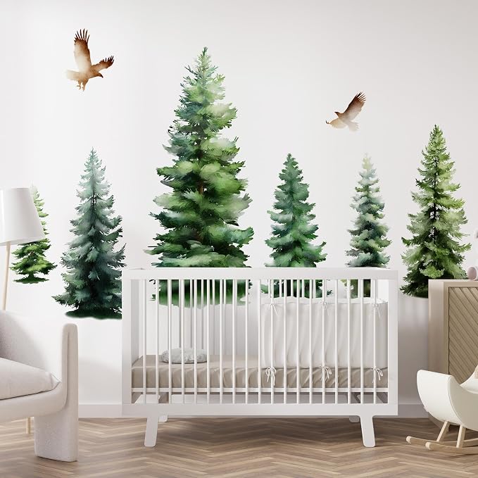 Watercolor Pine Trees Wall Decal, Peel and Stick Forest Decals Mural, Wilderness Wall Art Stickers for Kids, Boys and Girls Room, Bedroom & Toddler Room Decor (Christmas Woodland Wall Decal 88) - Image 6