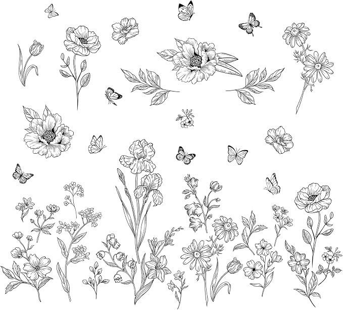 Large Boho Black Flower Wall Decals Wildflower Butterfly Simple Wall Stickers Removable Wall Art Decor for Living Room Bedroom Office by FUFUQUARE