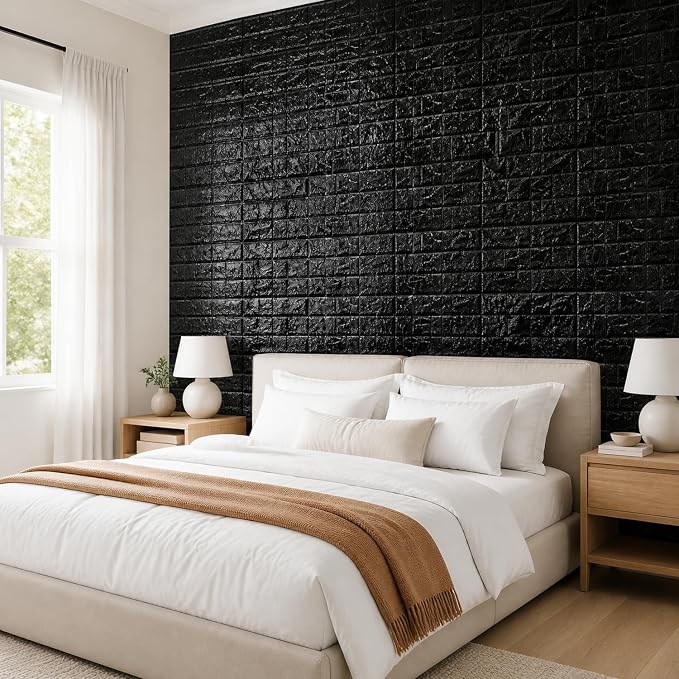 Tinlade 30 Pcs 3D Wall Panels Peel and Stick Wallpaper Foam, Black | Faux Brick Stone Tiles, Covering 28.8-48.4 Sq ft, Self Adhesive Waterproof Panels for Bedroom Living Room Kitchen Walls - Image 6