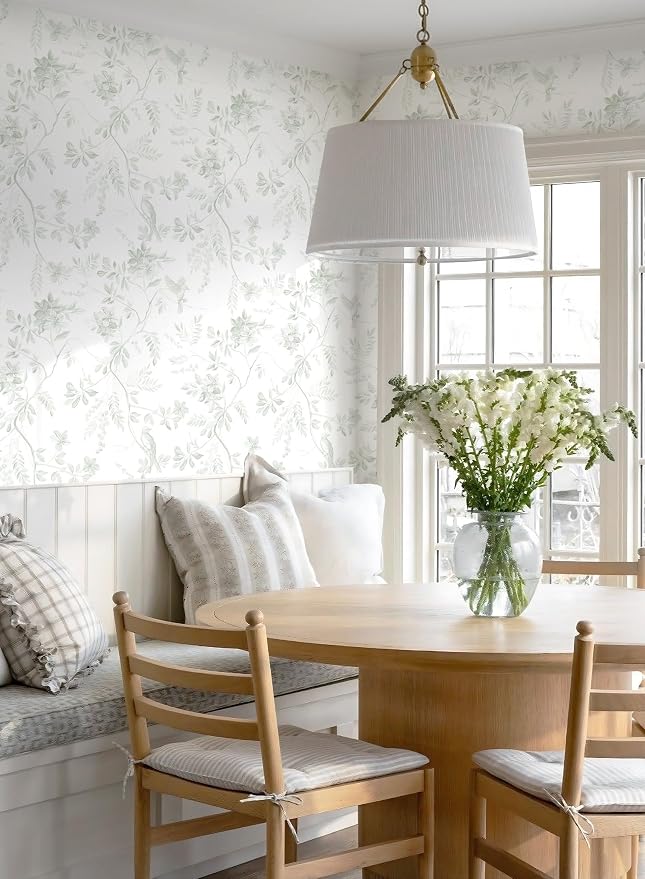 Dimoon 17.3''x393'' Green Peel and Stick Wallpaper Floral Modern Sage Light Green Contact Paper White Bird Wallpaper Removable Renter Friendly Waterproof Embossed Kitchen Bedroom Bathroom Vinyl Roll - Image 7