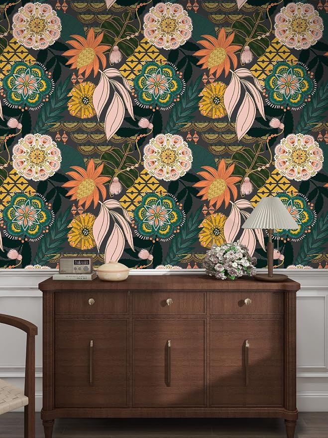 HAOKHOME Funky Wallpaper Peel and Stick Tropical Dark Grey 17.3in x 32.8ft | Boho Floral Botanical Banana Leaf Texture Removable Renter Friendly Wall Paper Gray Pink Green Bathroom Bedroom Contact Paper - Image 6