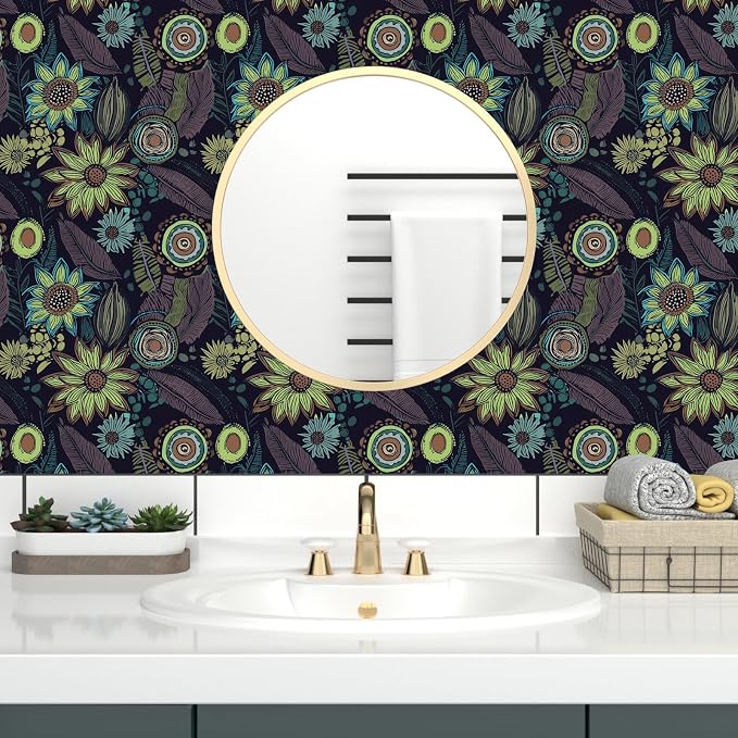 Laatse Boho Wallpaper Peel and Stick 17.5"x393", Purple Green Contact Paper | Self Adhesive/Removable/Waterproof/Thick Vinyl Wall Paper for Bathroom Bedroom Shelf Cabinet Drawer,Prepasted,Easy Peel - Image 4