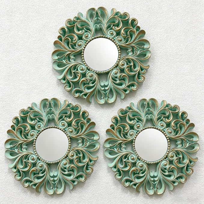 DXYAKY 3 Pack Floral Ornate Decorative Wall Mirror - Elegant Mint Green with Gold Accents, 9.8" Plastic Round Mirror Set, Lightweight Wall Art Décor for Bedroom, Bathroom, Living Room & Entryway by DXYAKY