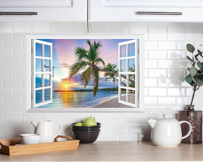 FLFK Fake Window Wall Sticker - Sunrise Over the Sea Faux Window Wall Mural for Wall Decor, Stick and Peel Wall Decals,24"x16" - Image 6