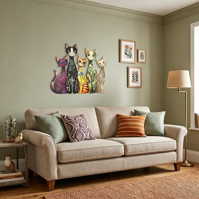 Wesiti Metal Cat Wall Decor Art 12x10 Inches Colorful Mid Century | Iron Wall Sculptures with Hollow Carved Design, For Cats Lovers, Living Room Bedroom Kitchen Office Decor, Retro Home Art - Image 6