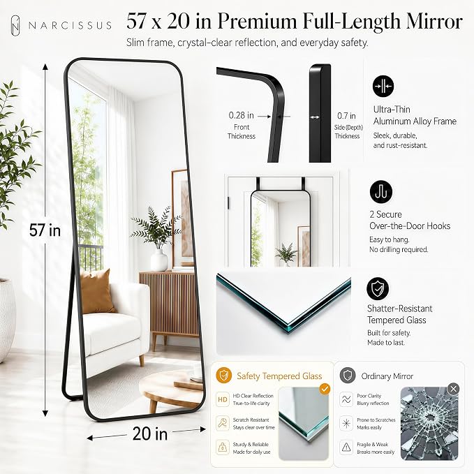 NARCISSUS Full Length Mirror 57x20 Inch, Over The Door Mirror with Stand, Wall Mounted or Freestanding/Door Hanging Full Body, Aluminum Alloy Frame, Black - Image 2