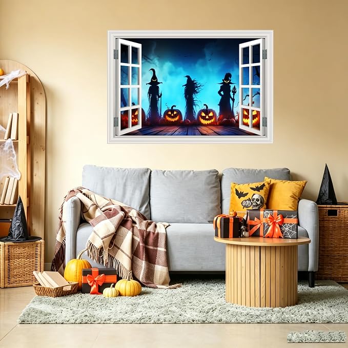 Halloween Fake Window Wall Decals Creepy Three Witches Pumpkin Art Sticker | ｜Faux Window Terror Spooky Ghosts Mural ｜ Stick and Peel Wall Decal｜for Halloween Home Scene Decor｜48"x32",Set of 2 Sheets - Image 6