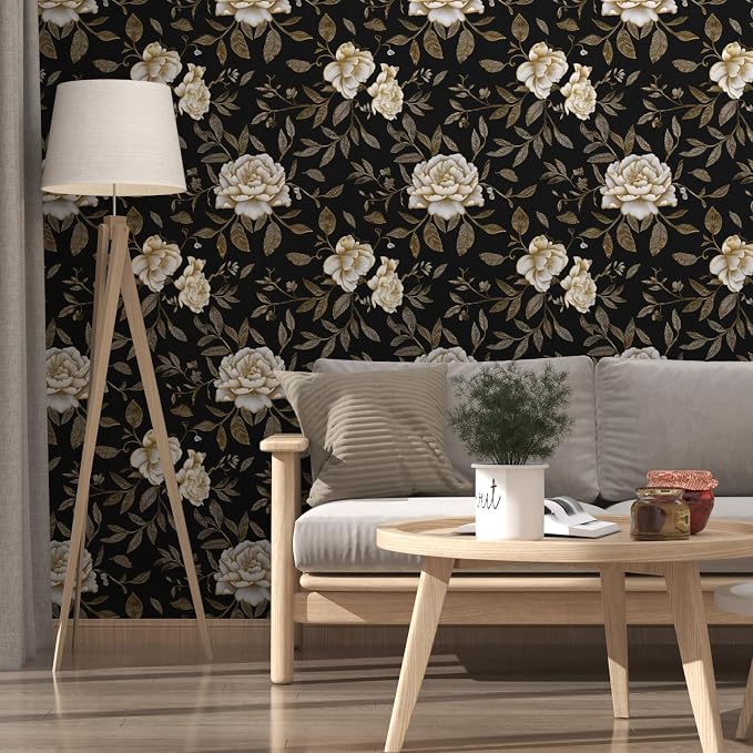Laatse Dark Golden White Peony Floral Wallpaper Peel and Stick 17.5"x393" | Self Adhesive/Removable/Waterproof/Thick Vinyl Contact Paper for Bathroom Bedroom Shelf Cabinet Drawer,Prepasted,Easy Peel - Image 7