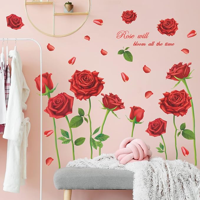 LiveGallery Beautiful Lovely Rose Flowers Wall Decals Removable DIY Butterfly Flower Vines Art Decor Wall Stickers Murals for Living Room TV Background Kids Gilrs Rooms Bedroom Decoration (Red) - Image 4