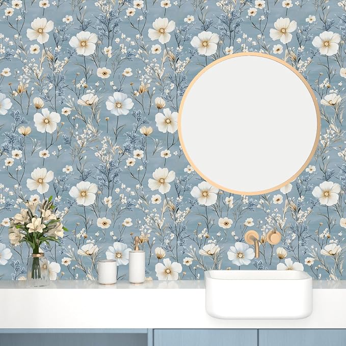 Laatse Vintage Floral Wallpaper Peel and Stick 17.5" x 118",Blue/White | Self Adhesive/Removable/Waterproof/Thick Vinyl Contact Paper for Bathroom Bedroom Shelf Cabinet Drawer,Prepasted,Easy Peel - Image 5