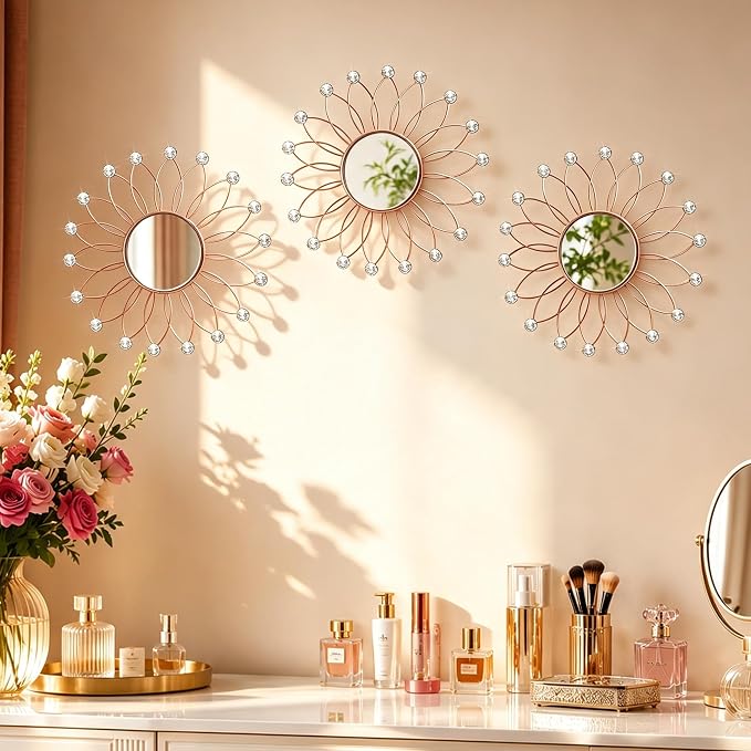 3 Pack Metal Mirrors for Wall Sunburst Wall Mirrors Home Décor Decorative Hanging Wall Art for Living Room Bedroom Entryway (Rose Gold2 Crystal, Flowers) - Image 5