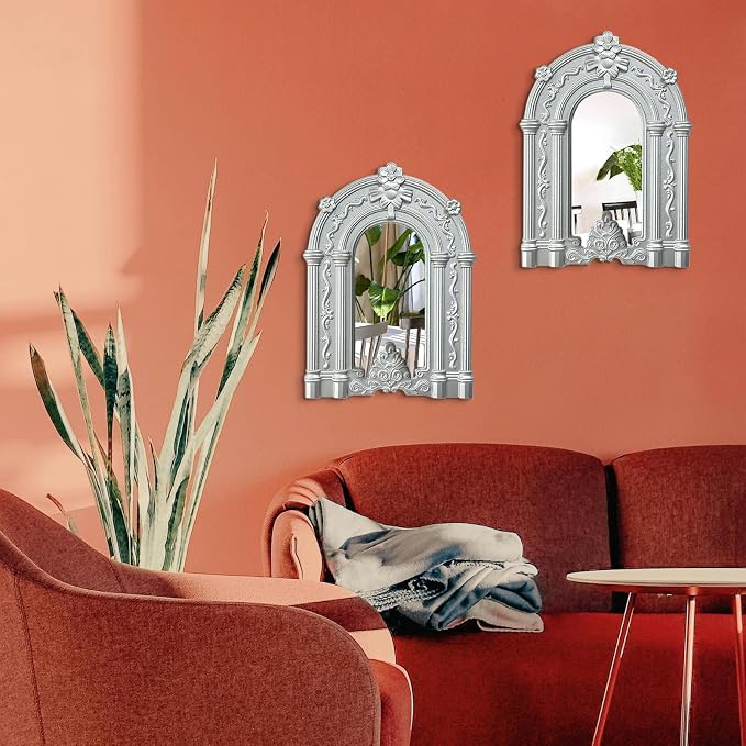 ZEXUIRU 2 Set Rustic Wall Mirrors for Bedroom Bathroom Living Room Entryway Wood Farmhouse Easy to Hang Framed Decorative Accent Hanging Wall-Mounted Mirror Set for Living Room - Silver - Image 2