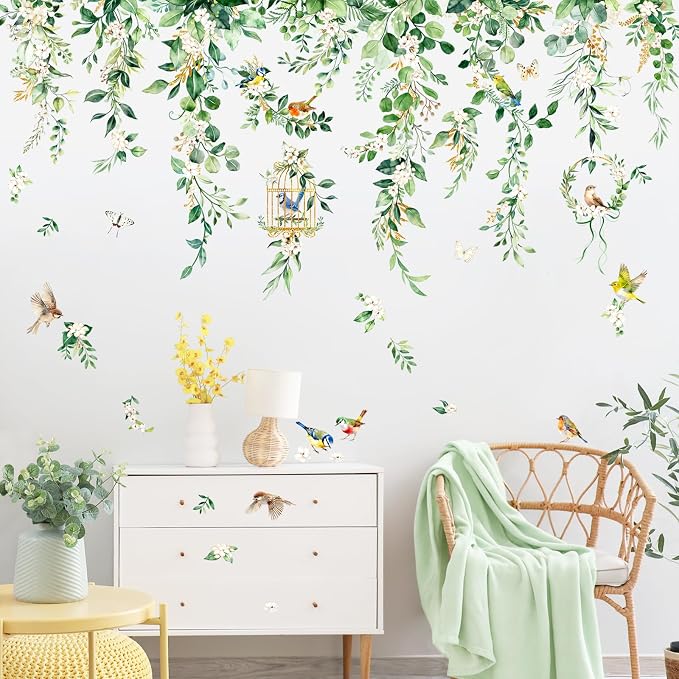 Supzone Hanging Vine Leaves Wall Decals - 45" x 28" Green Eucalyptus Leaves Flowers Birds Vinyl Wall Stickers for Living Room Bedroom TV Sofa Backdrop Decor - Image 4