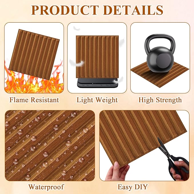 Nuanchu 32 Pcs 3D Wall Panels, 12"x12" PVC Fluted Tiles, Walnut | Waterproof Accent Panels, Paintable Wall Tiles, for TV Background, Bedroom, Bathroom, Gaming Room, Cuttable Home DIY Decor - Image 3
