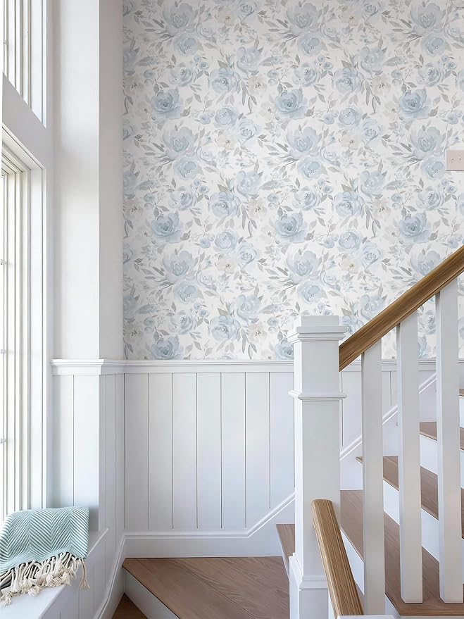 Heroad Blue Floral Wallpaper Peel and Stick Wallpaper Flower Contact Paper 17.3''x196'' Rose Removable Self-Adhesive Wall Paper for Cabinets Bedroom Bathroom Stick on Walls Papel Tapiz para Pared - Image 8