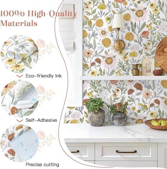 Dimoon 394"x17.3" Peel and Stick Wallpaper Contact Paper Floral White and Pink Wallpaper Boho Contactpaper for Cabinets Drawers Bathroom - Image 4