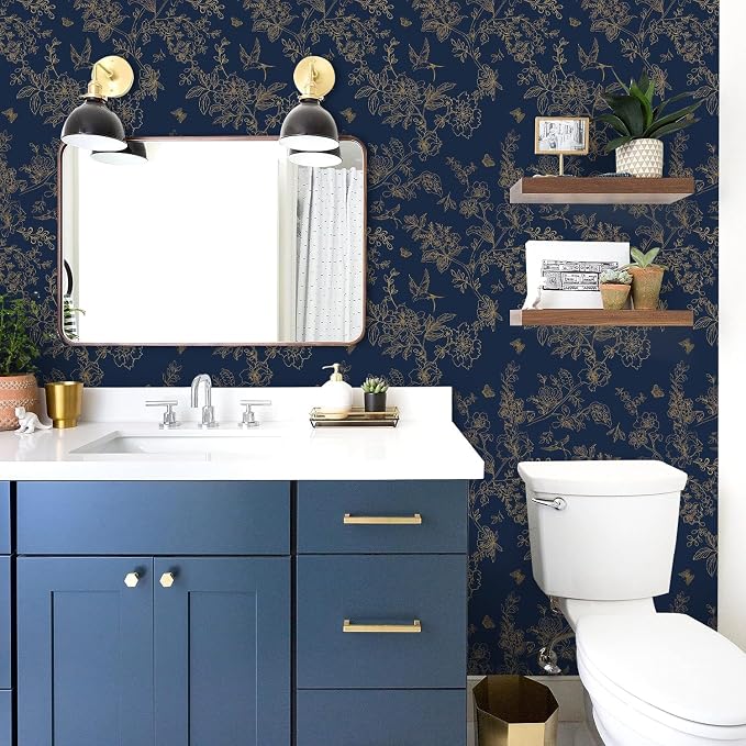 Froluya Dark Blue Peel and Stick Wallpaper Vintage Floral 17.7in×590.5in | Navy Blue and Gold Floral Self Adhesive Wall Paper Dark Birds Removable Decorative Contact Paper for Bathroom Cabinets Vinyl - Image 5