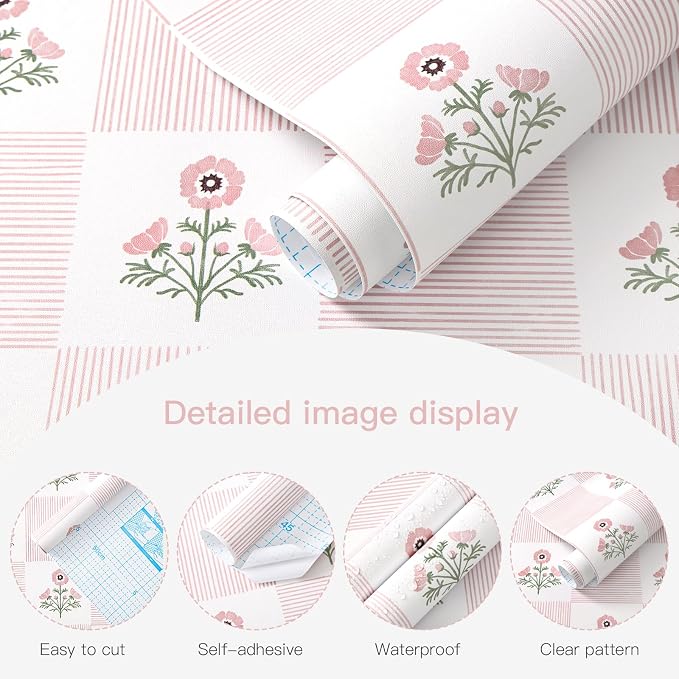 Guvana Pink Floral Peel and Stick Wallpaper Vintage Floral Wallpaper Boho Wall Paper Removable Modern Contact Paper Vinyl Self Adhesive for Bedroom Bathroom Kitchen Livingroom Covering 17.3" x 78.7" - Image 5