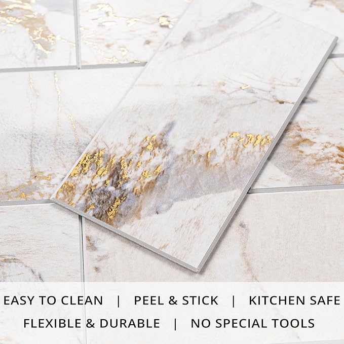 StyloVue 100 Pieces Peel and Stick Backsplash for Kitchen, 3" x 6" PVC Subway Tile, 2026 Upgraded Ivory Calacatta Marble Look with Gold Veining, Glossy Finish, Stick on Tile for Kitchen, Fireplace, RV - Image 2